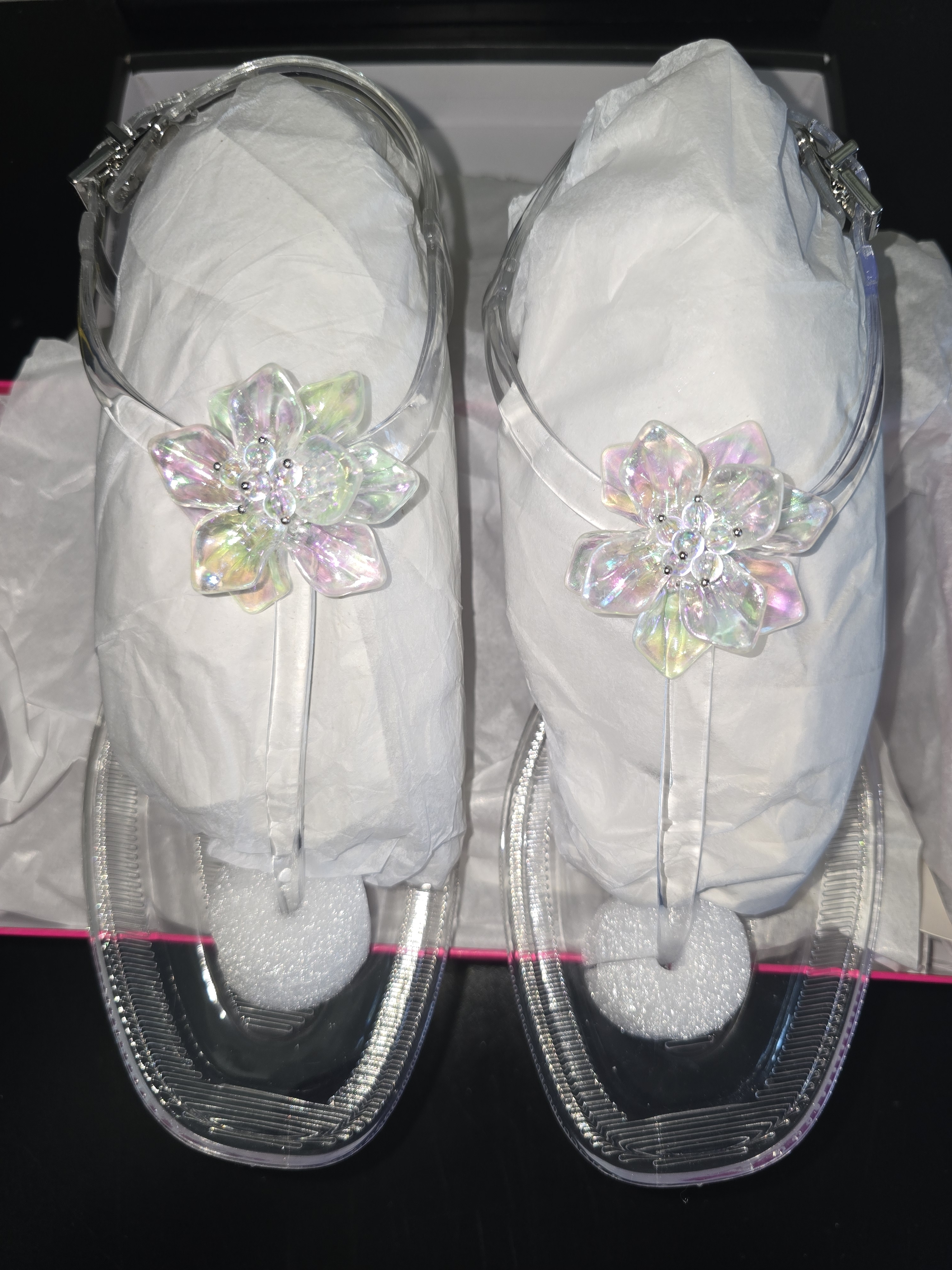 Vince Camuto Clear Jelly T-Strap Sandals With Iridescent Floral Accent